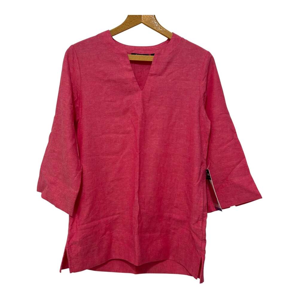 Lands' End Split Neck 3/4 Sleeve Tunic Pink Linen Blend Women's XS